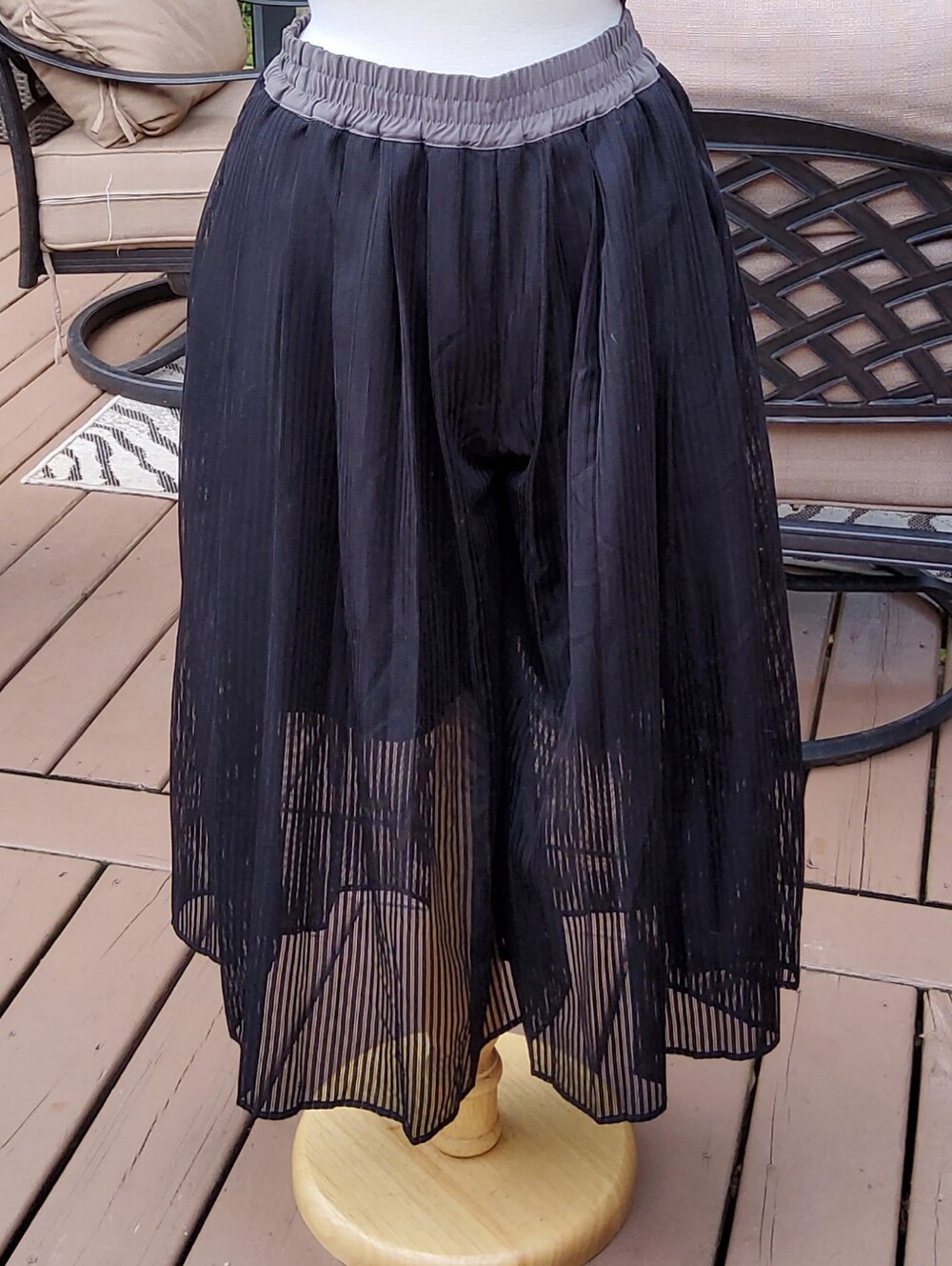 Black Sheer Pleated Palazzo Midi Skirt/Pants with Elastic Waist